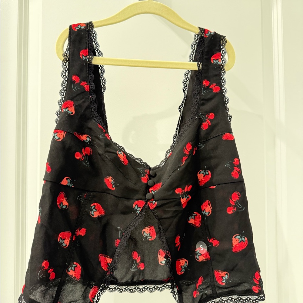 Free People Black and Red Lace Trim Top